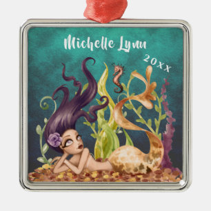 Personalized Mermaid and Seahorse Under the Sea Metal Tree Decoration
