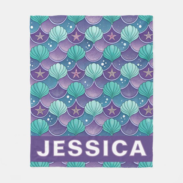 Personalized Mermaid Scales Ocean Aqua Fantasy Fleece Blanket (Front)