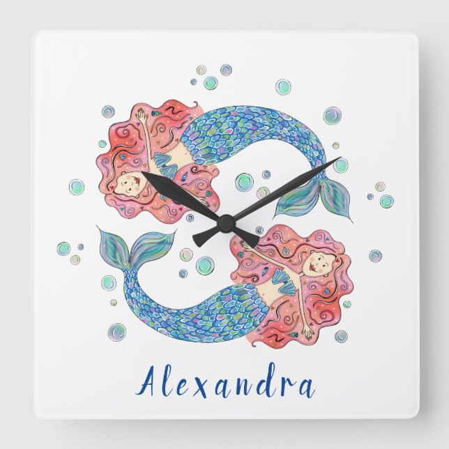Personalized Mermaid Square Wall Clock (Front)