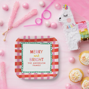 Personalized Merry and Bright Red Checkered Paper Plate