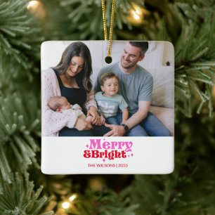 Personalized Merry & Bright Pink & Red Christmas Ceramic Ornament