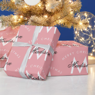 Personalized Merry Christmas Blush Pink Monogram Wrapping Paper