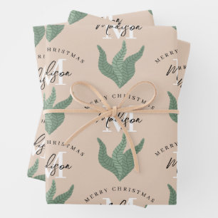 Personalized Merry Christmas Boho Leaves Monogram  Wrapping Paper Sheet