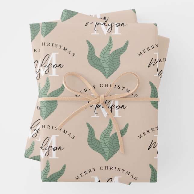 Personalized Merry Christmas Boho Leaves Monogram  Wrapping Paper Sheet (In situ)