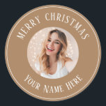 Personalized Merry Christmas for cards photo Classic Round Sticker<br><div class="desc">Personalized Merry Christmas card Stickers with your custom photon personalized with your name. They feature a cute christmas spirit esthetic winter gold background, your own photo and a customizable label for all your xmas cards, Christmas gifts, Christmas messages or any Holiday party favors. Customize text and photo as you need...</div>