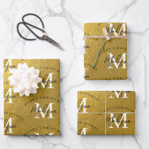 Personalized Merry Christmas Gold Foil Monogram  Wrapping Paper Sheet