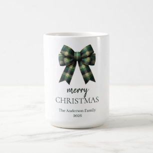 Personalized Merry Christmas Green Plaid Bow Coffee Mug