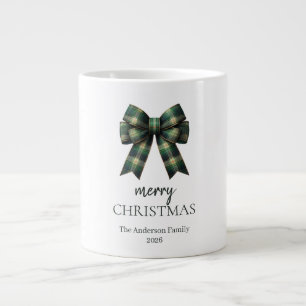 Personalized Merry Christmas Green Plaid Bow Large Coffee Mug