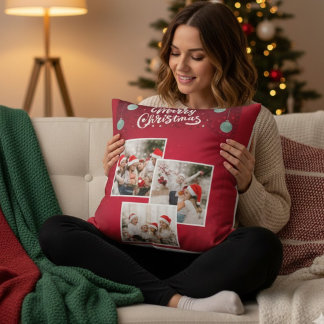 Personalized Merry Christmas Photo Collage Cushion