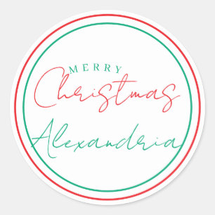 Personalized Merry Christmas Red and Green Modern Classic Round Sticker