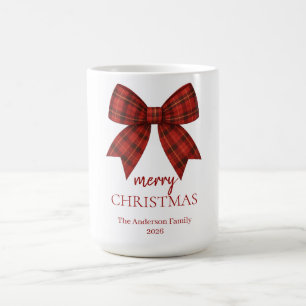 Personalized Merry Christmas Red Plaid Bow Coffee Mug