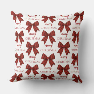 Personalized Merry Christmas   Red Plaid Bow Cushion