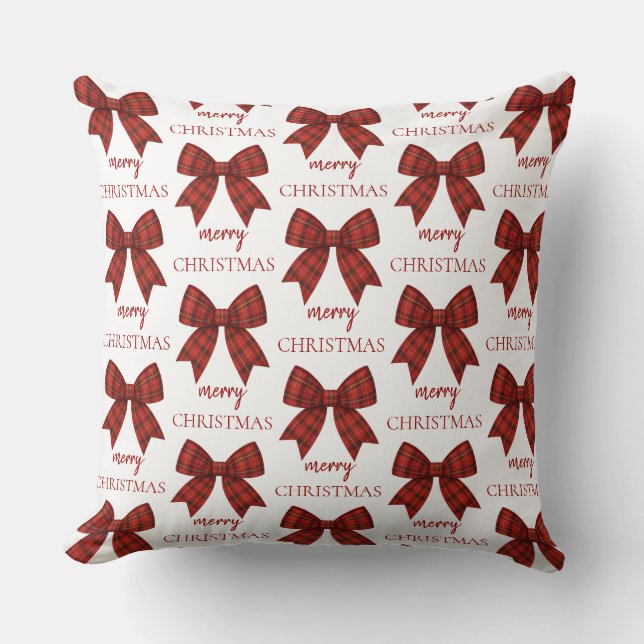 Personalized Merry Christmas | Red Plaid Bow Cushion (Front)
