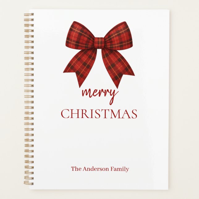 Personalized Merry Christmas | Red Plaid Bow Planner (Front)