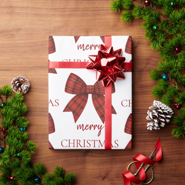 Personalized Merry Christmas | Red Plaid Bow Wrapping Paper (Holiday Gift)