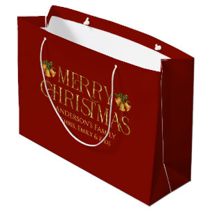 Personalized Merry Christmas Retro Gold Typography Large Gift Bag