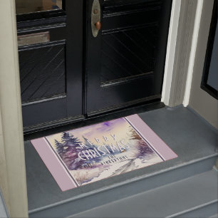 Personalized Merry Christmas snowy scene lilac Doormat