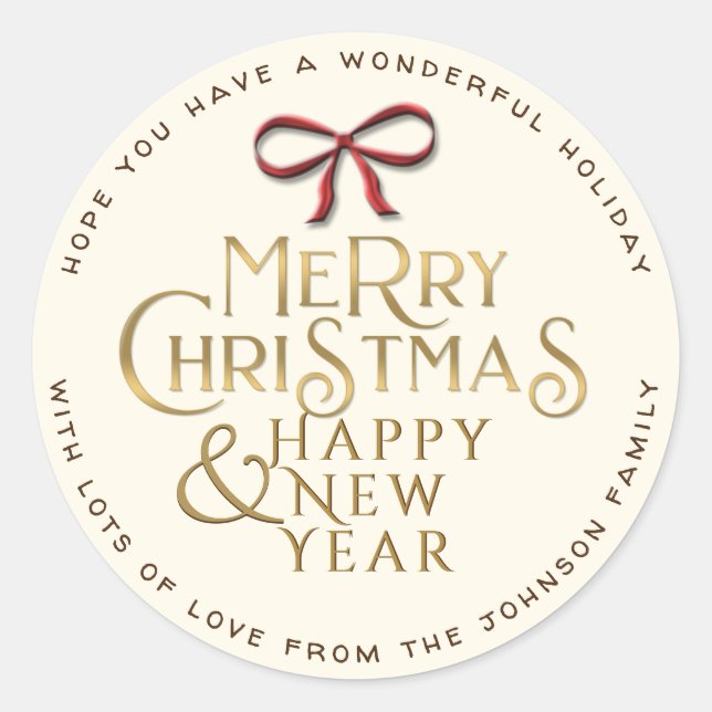 Personalized Merry Christmas Sticker with Red Bow (Front)