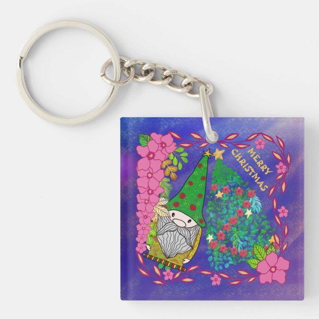 PERSONALIZED MERRY CHRISTMAS WITH GNOME XMAS TREE  KEY RING (Front)
