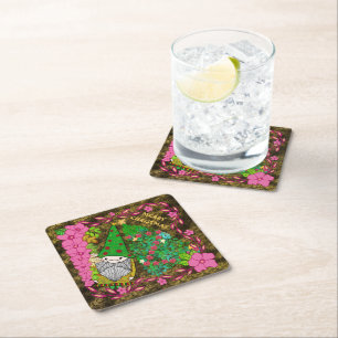 PERSONALIZED MERRY CHRISTMAS WITH GNOME XMAS TREE SQUARE PAPER COASTER