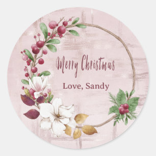 Personalized Merry Christmas Wreath Rose Gold  Classic Round Sticker