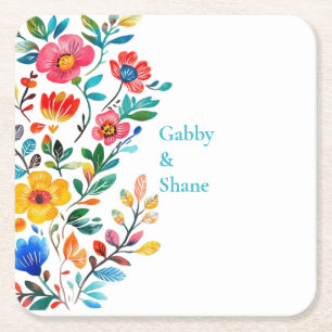 Personalized Mexican Floral  Square Paper Coaster