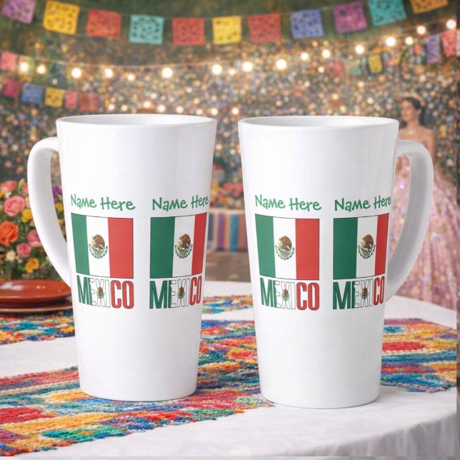 Personalized Mexico Flag Name Design Large Latte Mug (Personalized large latte mug with Mexican Flag, MEXICO below in flag colors. Add name above in green)