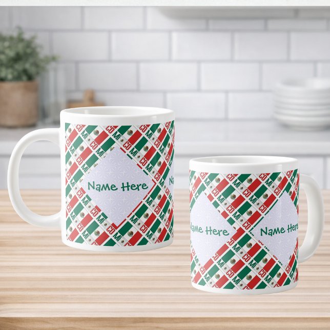 Personalized Mexico Flag Tiled Large Coffee Mug (Personalized jumbo mug tiled Mexican Flag and MEXICO below. 3 squiggly squares fractals for name.)