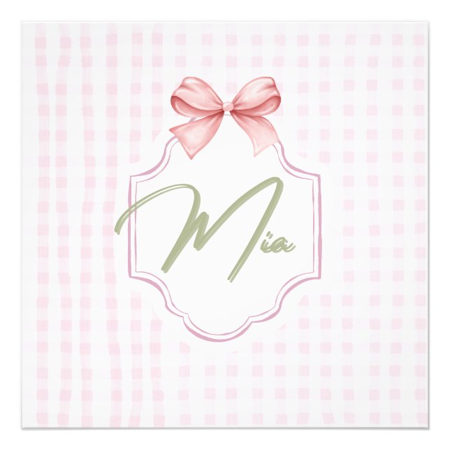 Personalized Mia Baby Girl Nursery Bow & Gingham  Photo Print (Front)