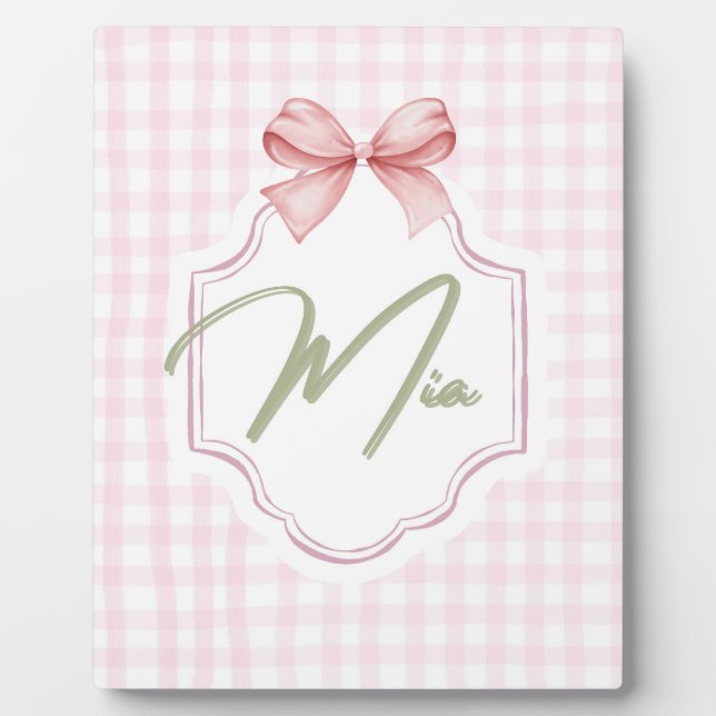 Personalized Mia Baby Girl Nursery Bow & Gingham  Plaque (Front)