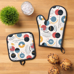 Personalized Mid Century Geometric Pattern Oven Mitt & Pot Holder Set