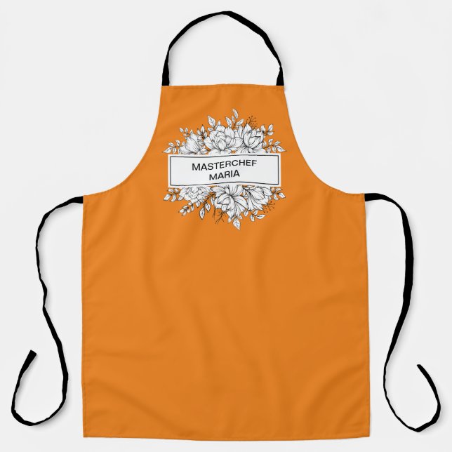 PERSONALIZED Minimal Floral Label Orange Apron (Front)