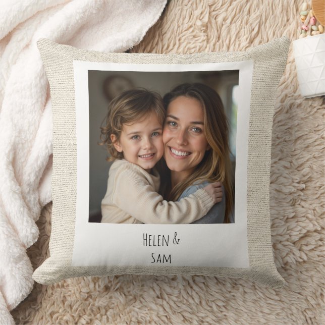 Personalized Minimalist Family Photo Faux Burlap Cushion (Blanket)
