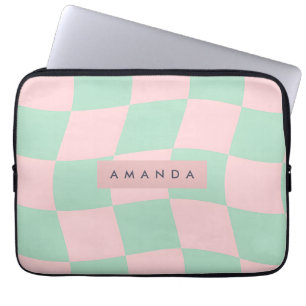 Personalized Mint Green and Blush Pink Checkered Laptop Sleeve
