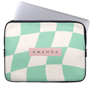 Personalized Mint Green Wavy Checkered Laptop Sleeve