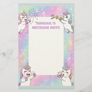 Personalized Mitzvah Note Pink Cute Unicorn Stationery