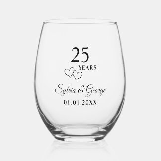 Personalized Modern 25th Wedding Anniversary Gift Stemless Wine Glass