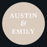 Personalized Modern Beige Wedding Classic Round St Sticker<br><div class="desc">Check out these cute modern stickers for your wedding. They feature a pretty color background, a cute script and customizable names for the bride and groom to add their own name. Customize text as you please to match your wedding vibe. Perfect for all wedding needs products such as thank you...</div>