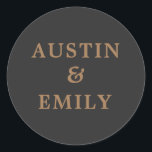 Personalized Modern Black and Gold Wedding Classic Round Sticker<br><div class="desc">Check out these cute modern stickers for your wedding. They feature a pretty color background, a cute script and customizable names for the bride and groom to add their own name. Customize text as you please to match your wedding vibe. Perfect for all wedding needs products such as thank you...</div>