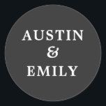 Personalized Modern Black and White Wedding Classic Round Sticker<br><div class="desc">Check out these cute modern stickers for your wedding. They feature a pretty color background, a cute script and customizable names for the bride and groom to add their own name. Customize text as you please to match your wedding vibe. Perfect for all wedding needs products such as thank you...</div>