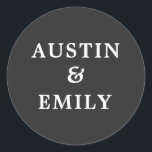 Personalized Modern Black and White Wedding Classic Round Sticker<br><div class="desc">Check out these cute modern stickers for your wedding. They feature a pretty color background, a cute script and customizable names for the bride and groom to add their own name. Customize text as you please to match your wedding vibe. Perfect for all wedding needs products such as thank you...</div>