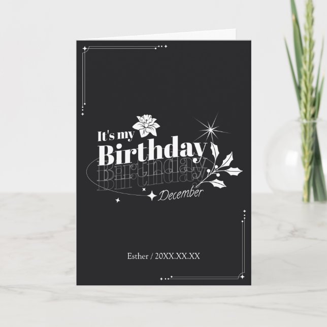 Personalized Modern Black Floral December Birthday Card (Front)