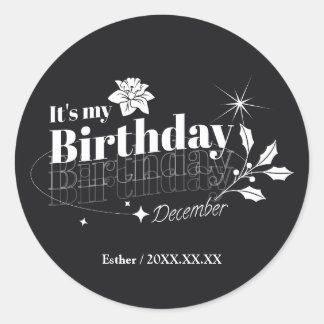 Personalized Modern Black Floral December Birthday Classic Round Sticker