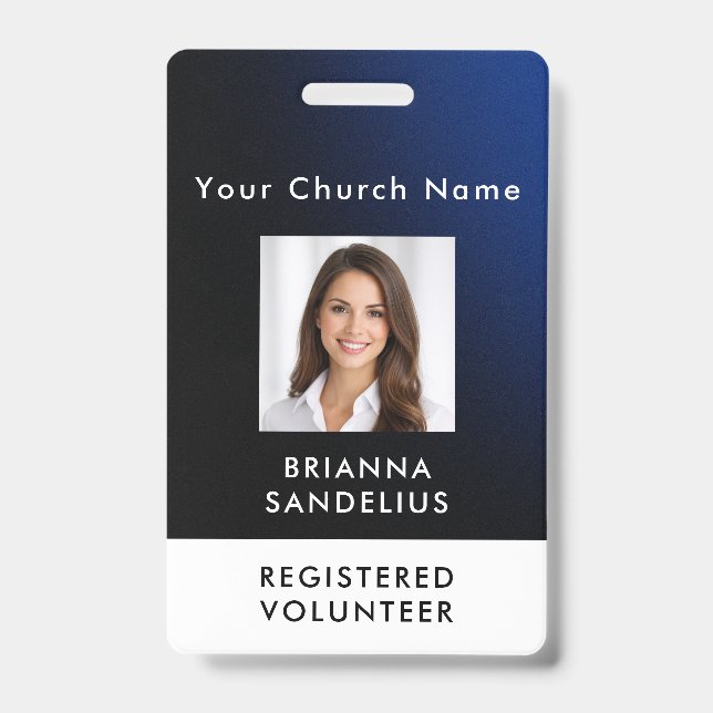 Personalized Modern Blue Church Volunteer Photo ID Badge (Front)