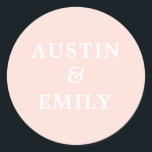 Personalized Modern Blush Pink Wedding  Classic Round Sticker<br><div class="desc">Check out these cute modern stickers for your wedding. They feature a pretty color background, a cute script and customizable names for the bride and groom to add their own name. Customize text as you please to match your wedding vibe. Perfect for all wedding needs products such as thank you...</div>