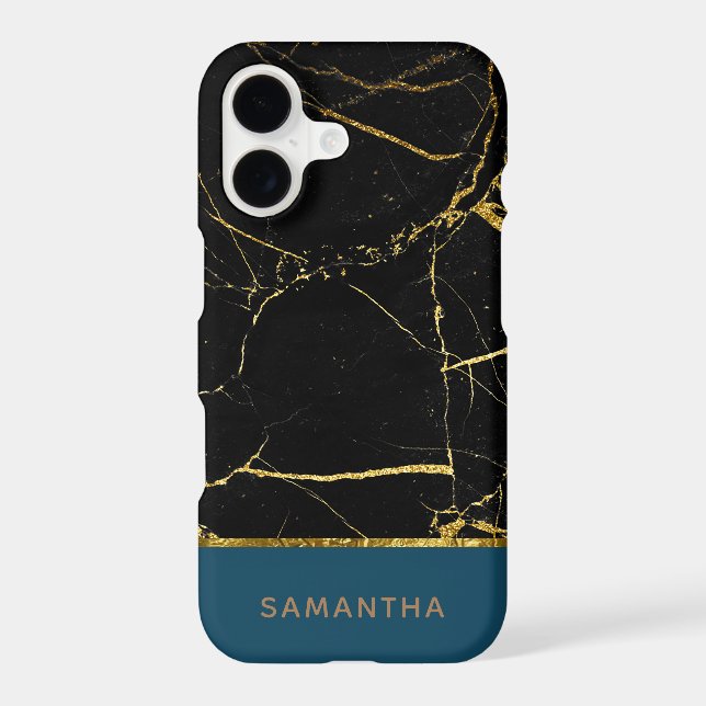 Personalized Modern chic Black marble Gold Teal (Back)