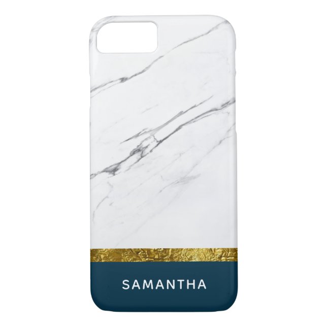 Personalized Modern chic white marble Gold Teal Case-Mate iPhone Case (Back)