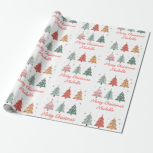Personalized Modern Christmas Pink Pine Tree       Wrapping Paper