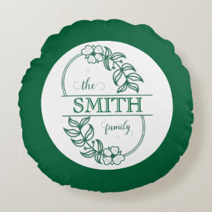 Personalized Modern Floral Family Name Monogram Round Cushion