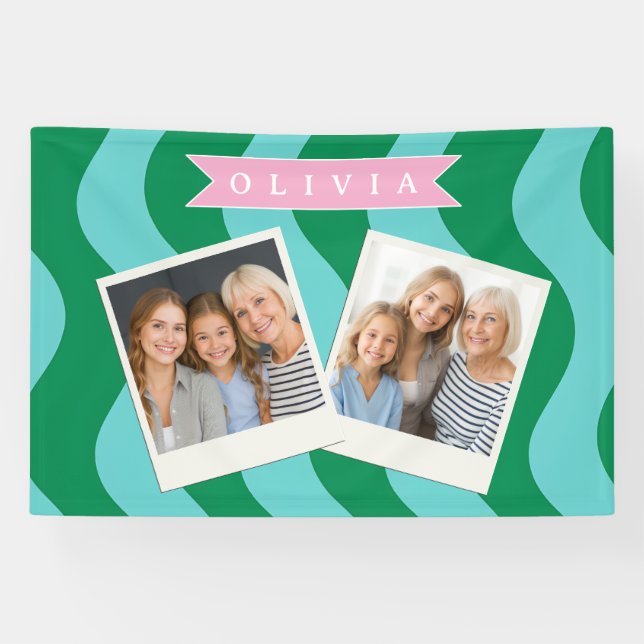 Personalized Modern Fun Green Wave Stripes Custom Banner (Horizontal)